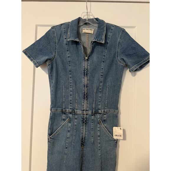 Free People We the Free Jayde Denim Flare Long Zip Up Jumpsuit Small - Picture 5 of 9